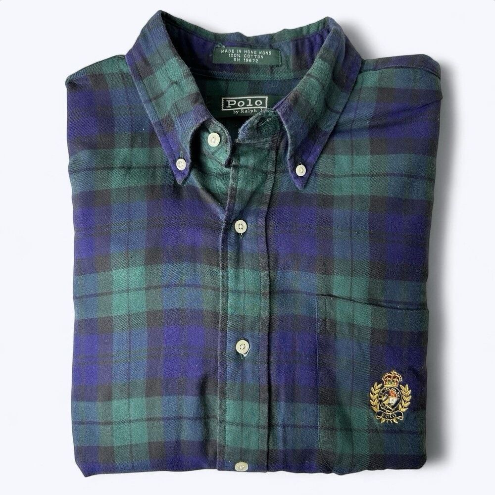 Vtg Polo Ralph Lauren Plaid Button Down‎ Shirt Boys XL Blue Green Crest Preppy